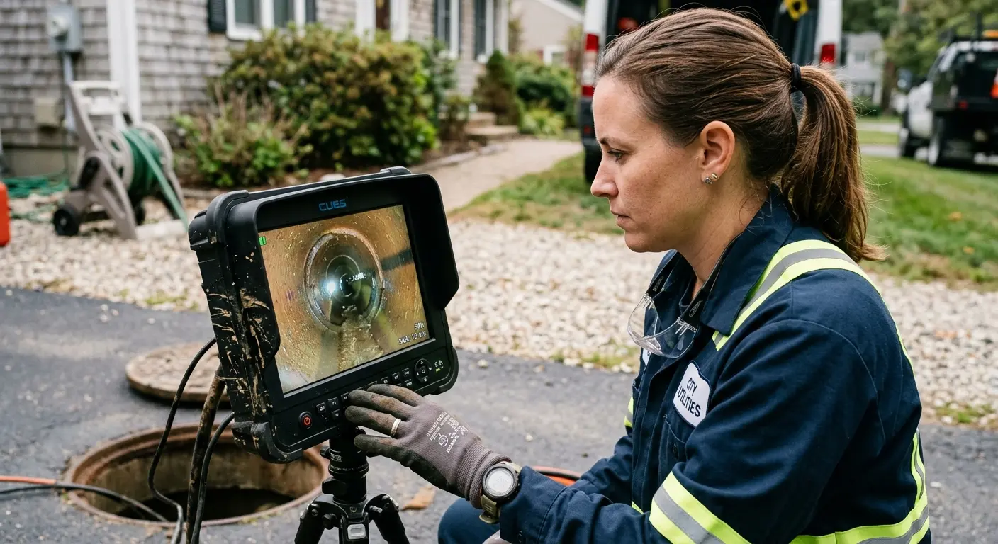 Technician reviewing sewer camera inspection footage in San Mateo