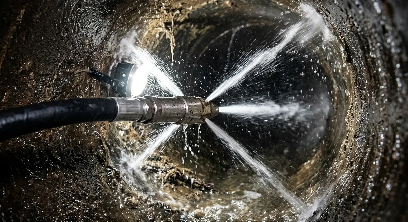 High-pressure hydro jetting nozzle cleaning sewer pipe for Sewer Cleanout in San Mateo